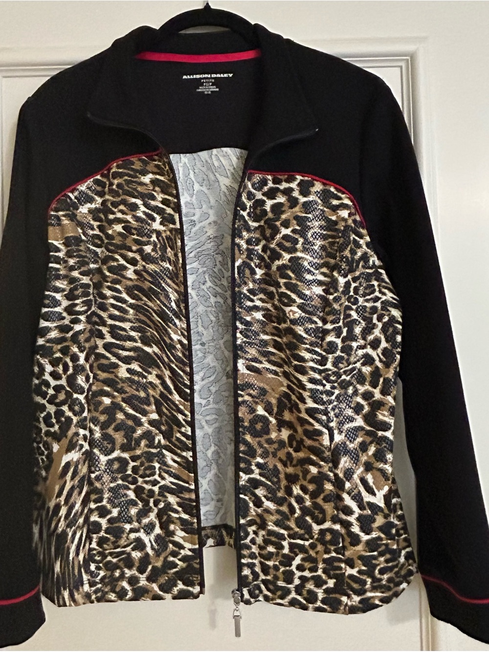 Allison Daley Black Jacket with Leopard-Print Front and Pink Trim